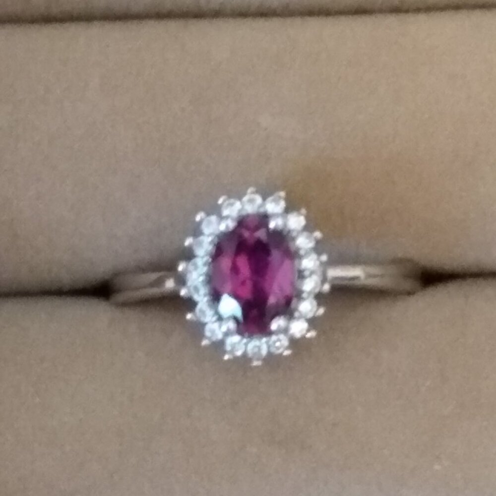 Rhodolite garnet halo ring